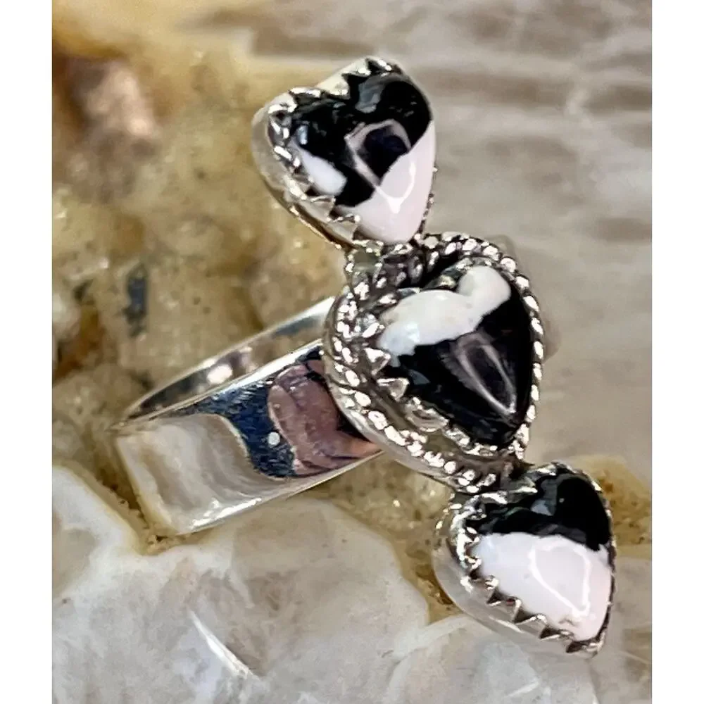White Buffalo Turquoise Sterling Silver Stacked Hearts Adjustable Ring Southwest